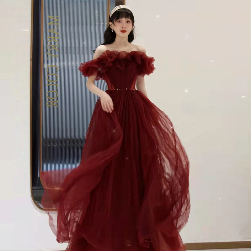 レディースオフショルダースウェットドレス、ガールズドレス、プリンセス、ブライズメイド、宴会、パーティーボール、プロムドレス、セレブドレスファッション