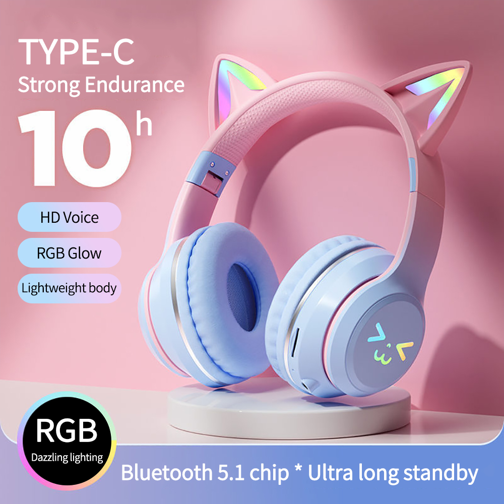 グラデーションワイヤレスヘッドフォン RGB かわいい猫耳 Bluetooth イヤホンマイク付きステレオ音楽ゲームイヤホン女の子キッズギフト