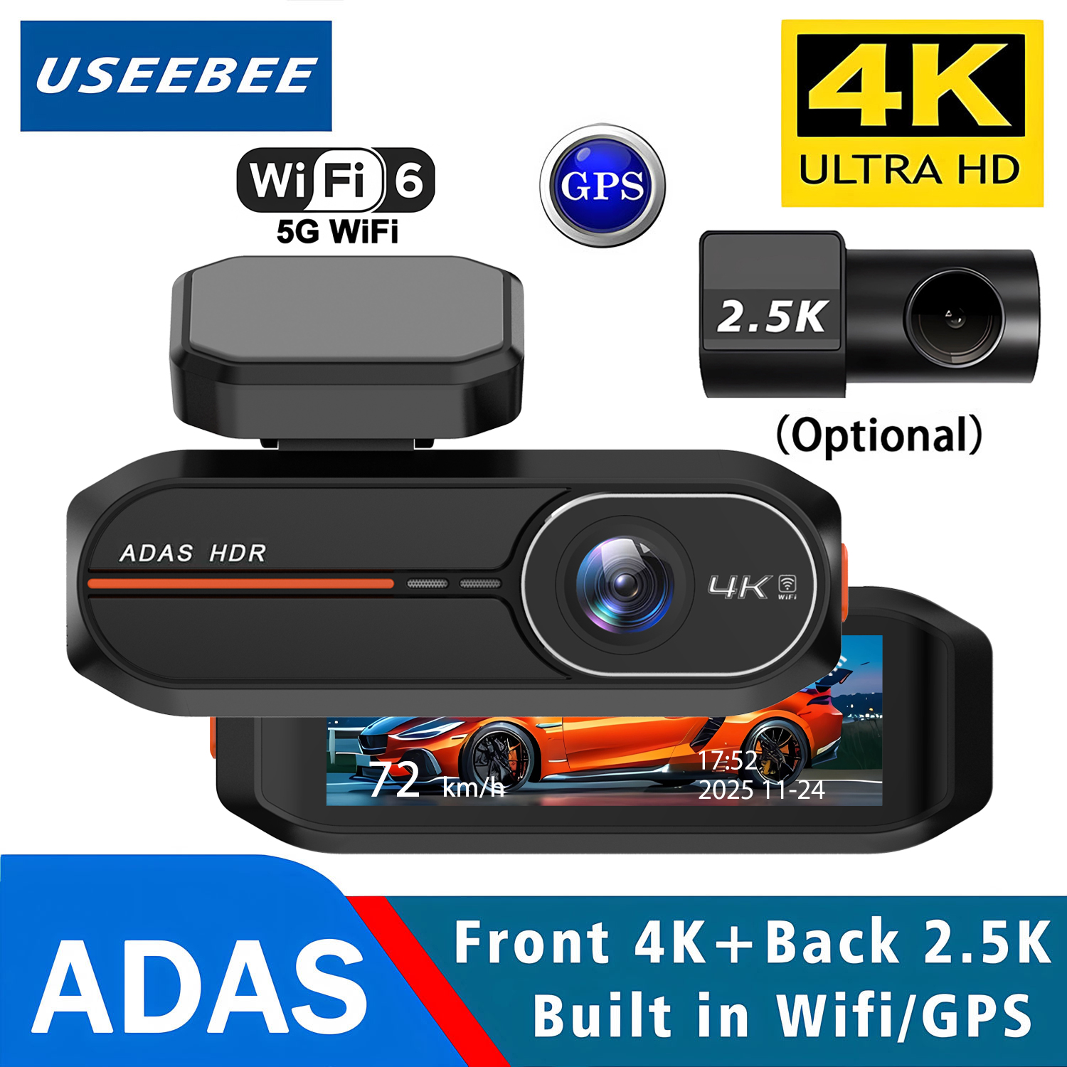 UHD 4K 2160P 2.5K ADAS ダッシュカム デュアルレンズ ADAS WIFI GPS ミニカー DVR 2.5K リアカメラビデオドライブレコーダーダッシュカム ブラックボックス