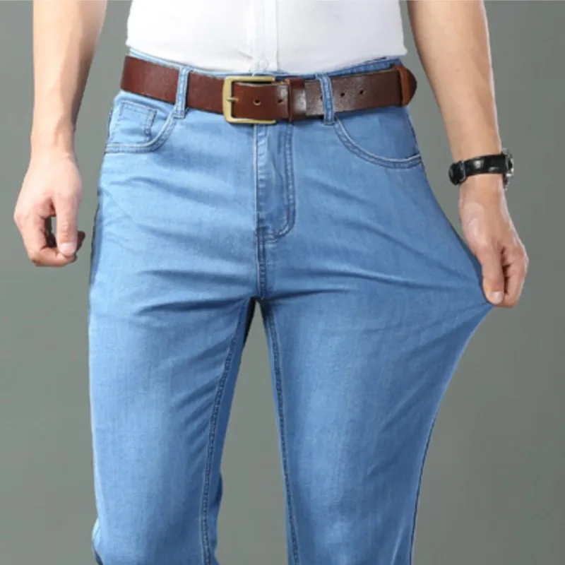 新しいアイスシルク薄いデニムジーンズ男性用ブルーストレートストレッチコットンデニムパンツビジネスカジュアル軽量ズボン春夏
