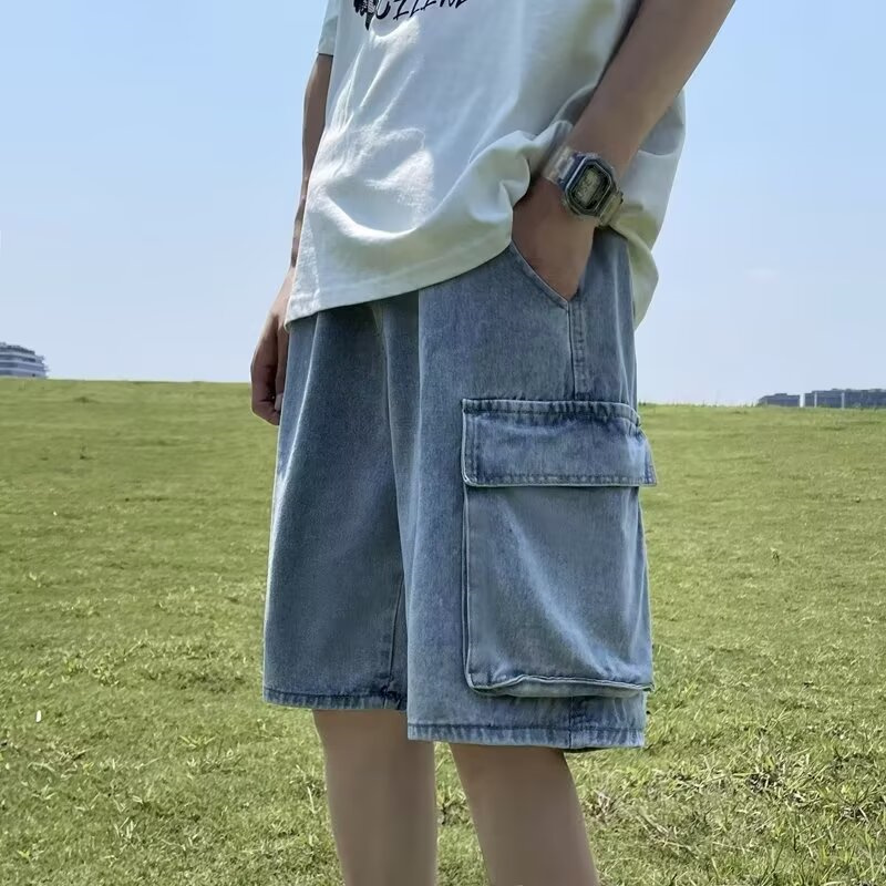 夏メンズマルチポケットだぶだぶカーゴジョルトソリッドカラー通気性ストレートデニムショーツユーズド加工レトロ Y2K ストリートバミューダ