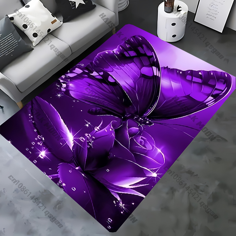 1PC Purple Butterfly Flower Print Carpet Living Rooms Bedroom, Office Areas Rug, Durable Machine Washable Mat with Fast Shipping