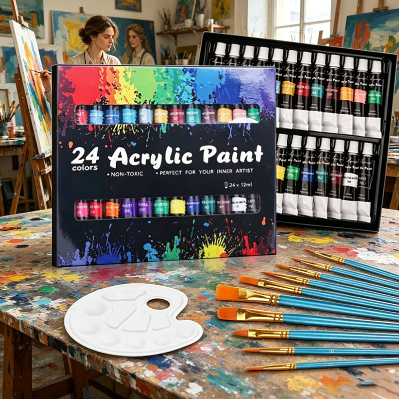 24色のアクリル絵の具セット、プロ仕様のブラシ付き12mlチューブ、アーティストの描画用顔料、手描きの壁