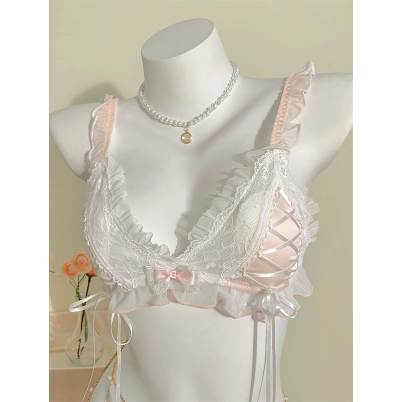 Japanese Transparent Bra and Panty Set Lolita  Lace Triangle Cup Underwear Women Lingerie Set Rabbit Ear Chest Pad Thin Bralette