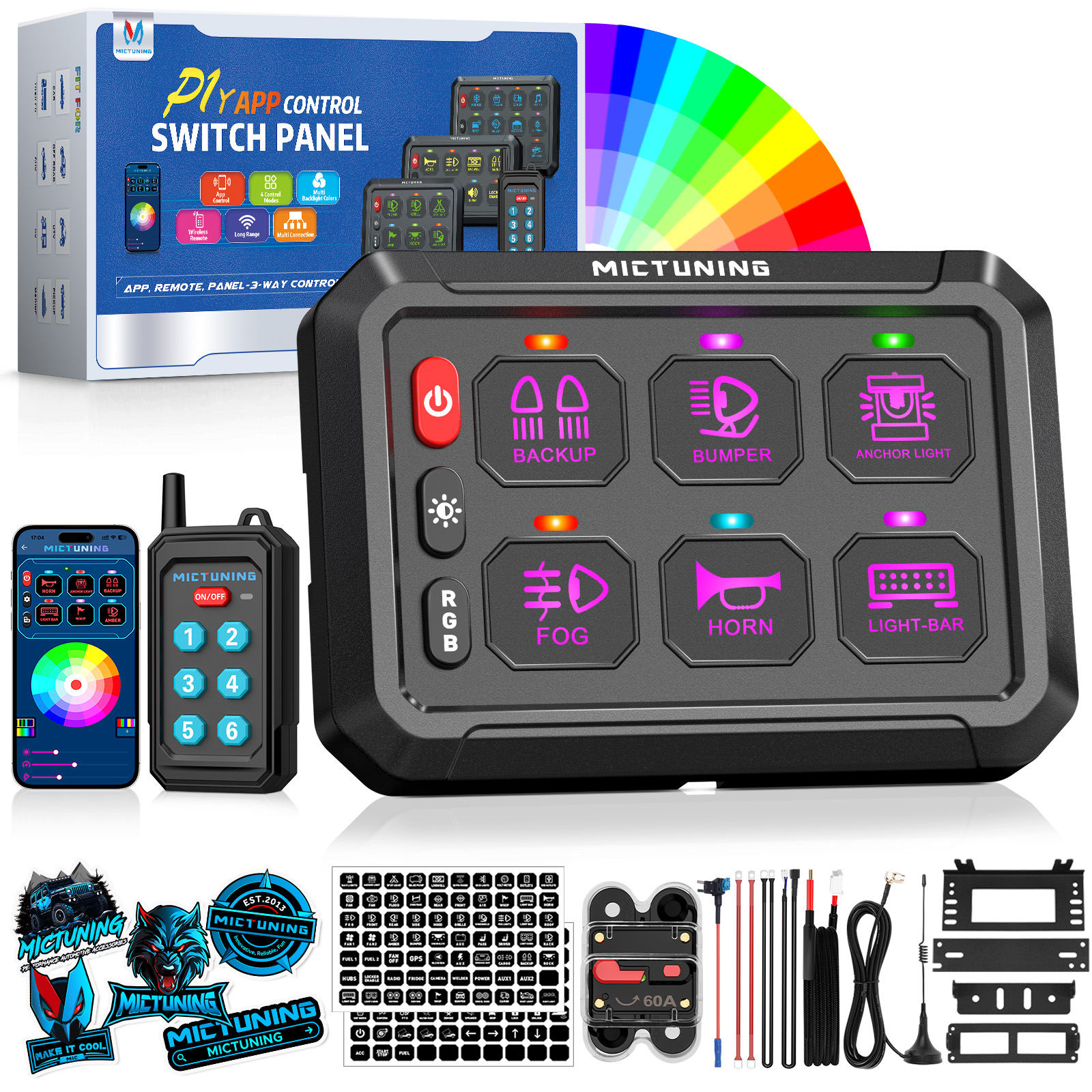 MICTUNING P1Y RGB 6 ギャング スイッチ パネル (ワイヤレス リモート付き)