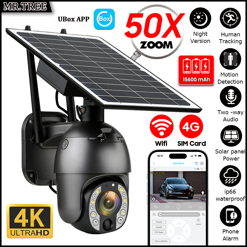 ホーム屋外監視ソーラーカメラ 4G SIM 50X 光学ズーム 4K Wifi セキュリティ保護カム人間検出/追跡カメラ