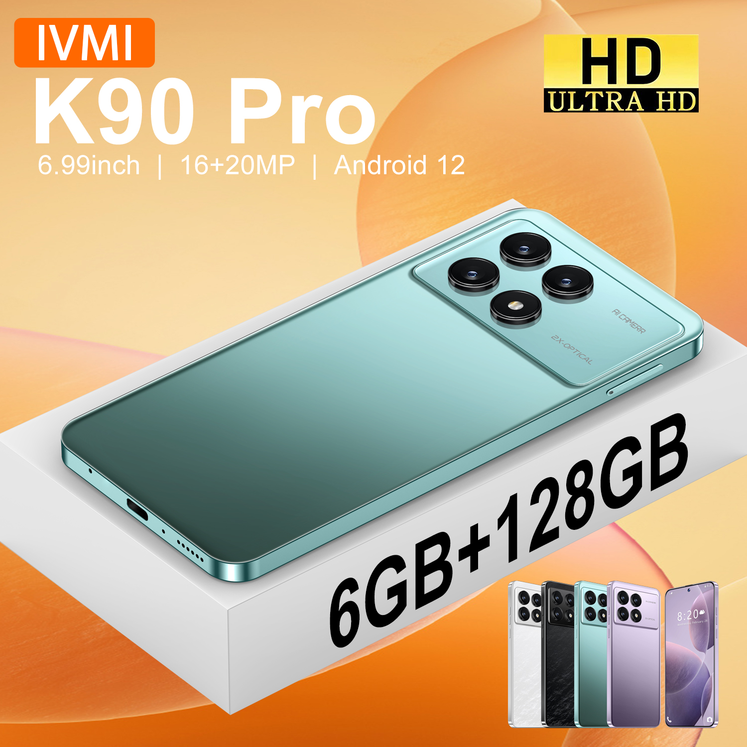 IVMI K90 Pro スマートフォン 4G デュアルカードデュアルスタンバイ Android12 6GB RAM 128GB ROM グローバルバージョン 4100mAh バッテリー 20MP 携帯電話