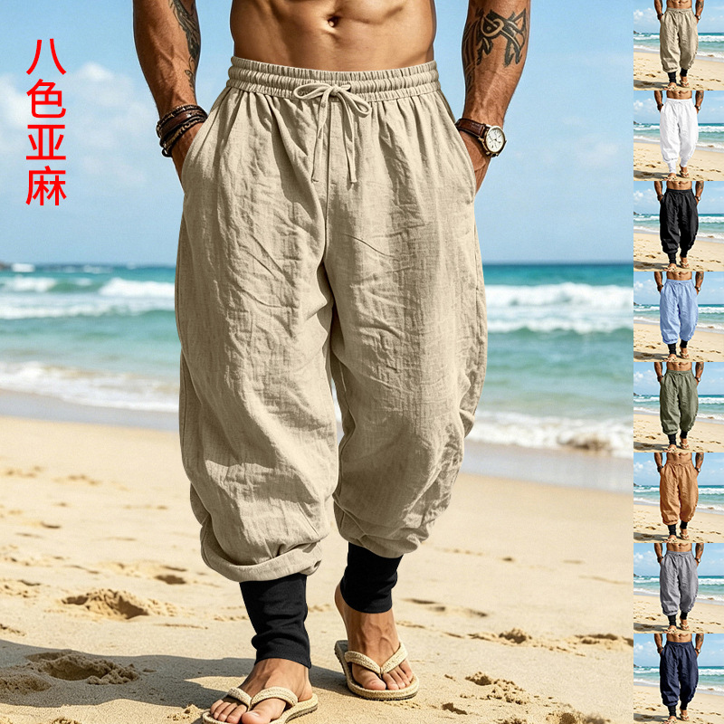 アメリカンリネンジョガーパンツ、カラーブロックルーズドローストリング、通気性ビーチ通勤休暇卸売男性用