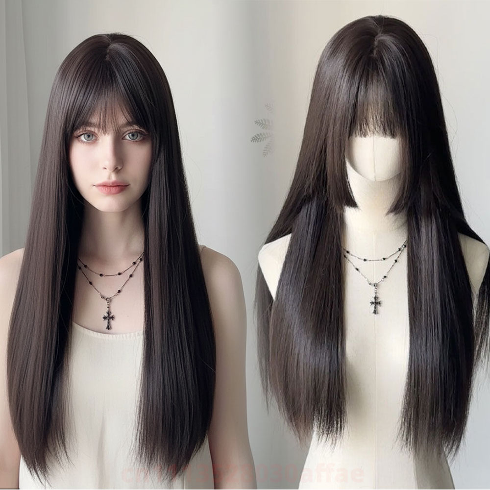 ロングレイヤードストレートヘアウィッグ女性用耐熱合成かつら前髪付きパーティー使用ロリータ高温かつら