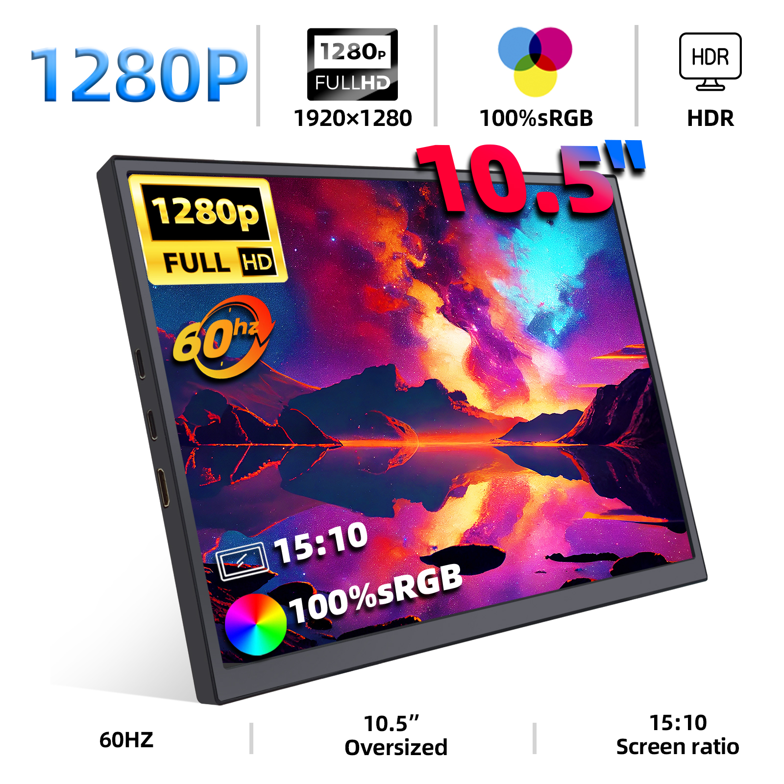 ZSUS 10.5 インチポータブルモニター 1280P 100%sRGB 15:10 低ブルーライト XBox PS4/5 スイッチ携帯電話 PC ラップトップ拡張