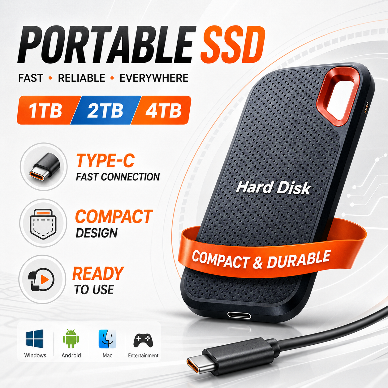 ポータブル SSD 1TB 外付けハードドライブ高速ストレージ USB3.1 Type-C 2TB バックアップディスク電話ラップトップ Mac PC 作業ファイルストレージ