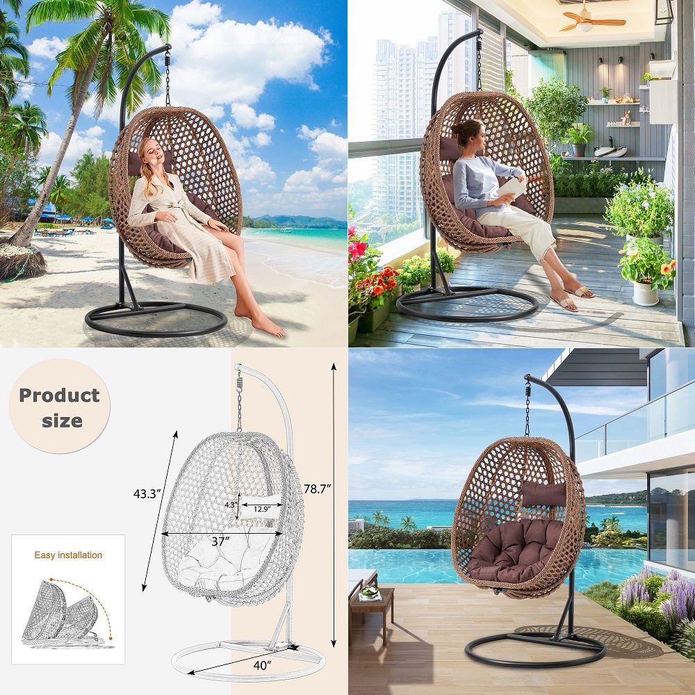 スタンド付き籐ハンギングエッグチェア2個セット、耐荷重700ポンド、屋内屋外ダブルエッグスイングハンモックチェア、パティオ、ガルド用