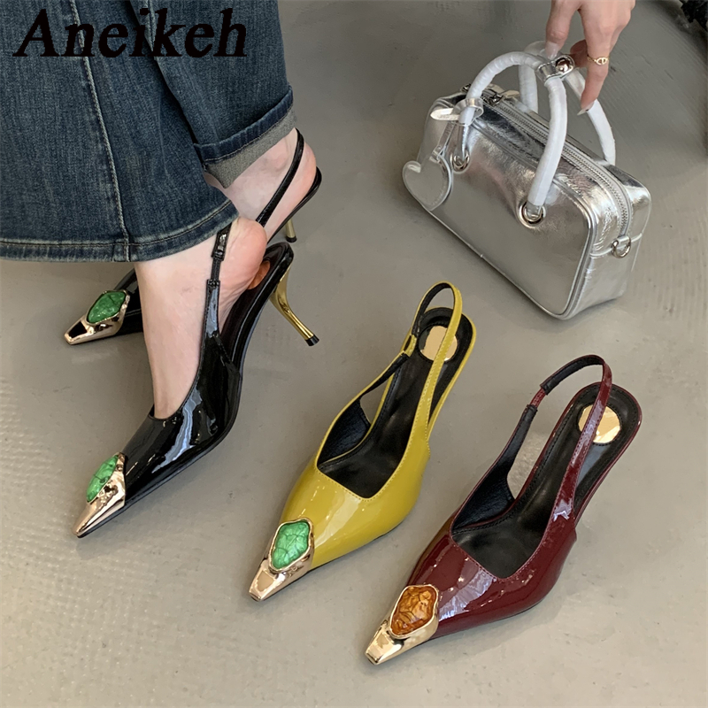 Aneikeh ストリート スタイル デザイン メタル スクエア ヘッド ダイヤモンド女性パンプス サンダル エレガントでセクシーなローヒール宴会ウエディング スリングバック靴