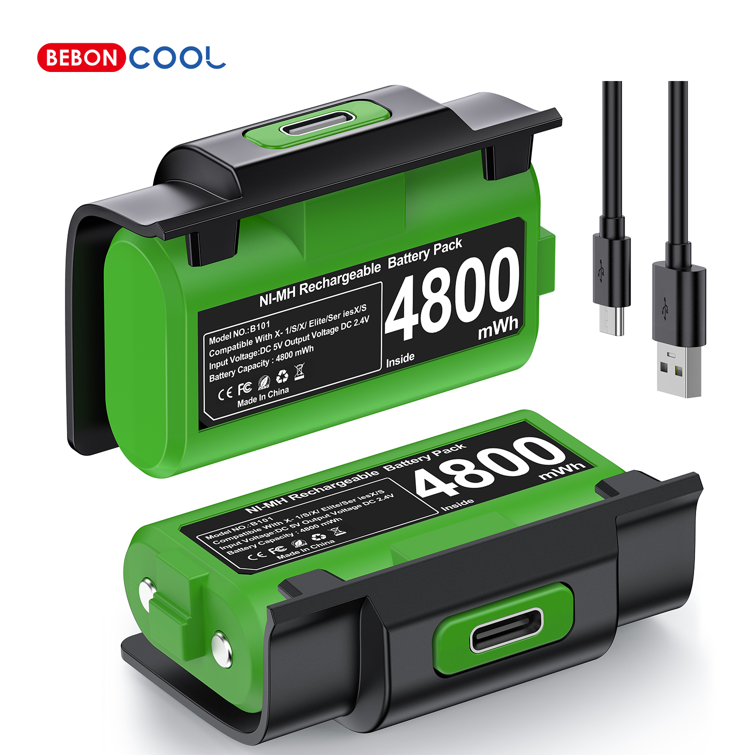 BEBONCOOL Xbox One/SeriesX|S コントローラーバッテリー 2 X 4800mWh パック プレイおよび充電キット USB-C 充電ケーブル/4 カバー