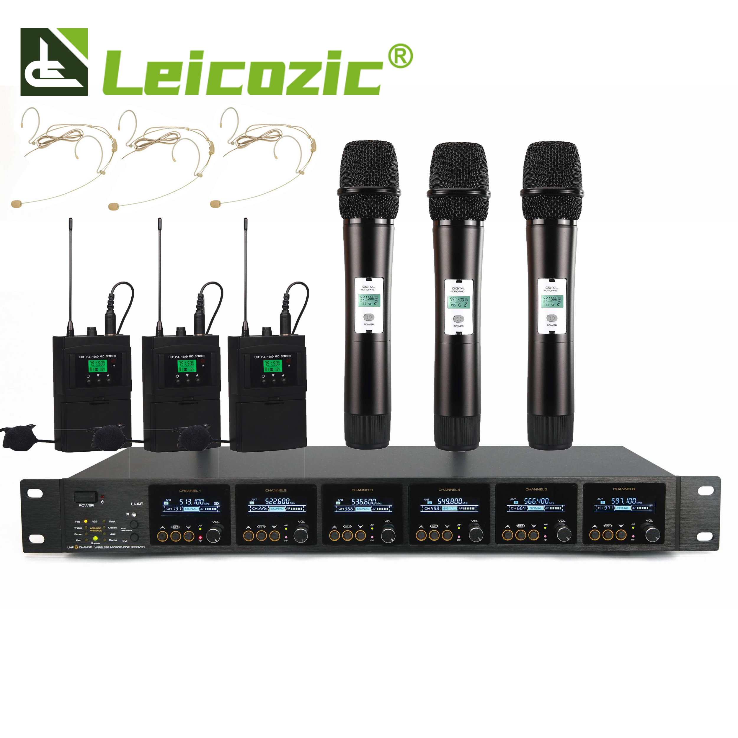 Leicozic 6 チャンネルデジタル 1000 周波数プロフェッショナルワイヤレスマイク 80 メートル UHF ハンド/ラペル Mikrofon ヘッドセット Microfone