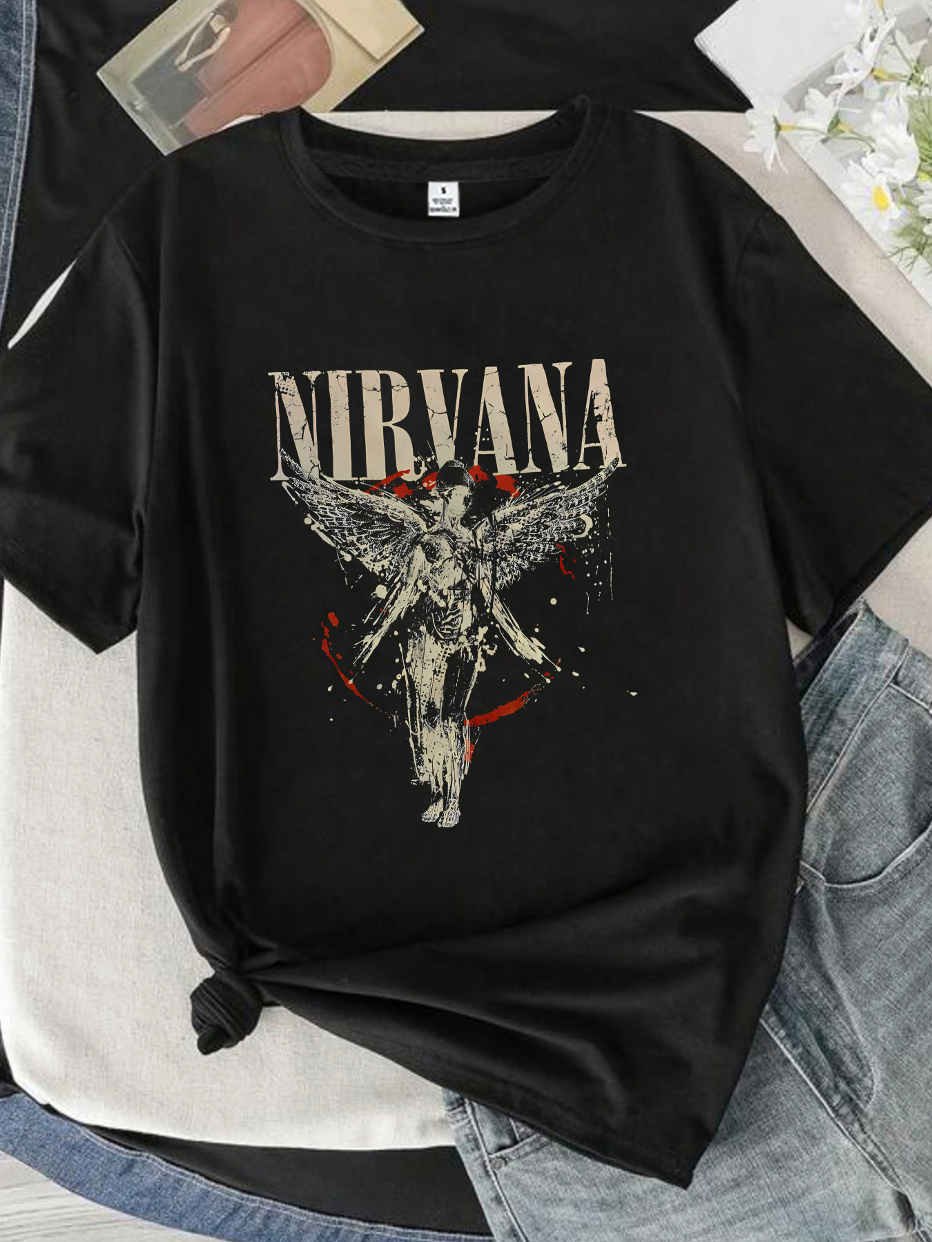 【0933】 手紙と天使 ラウンドネック レディース Tシャツ 半袖 ファッション プリント 半袖 トップス 伸縮性 Tシャツ