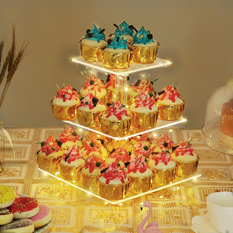 3 層クリアスクエアカップケーキスタンドプレミアムアクリルケーキタワーディスプレイホルダー LED ライトストリング付き結婚式誕生日パーティー