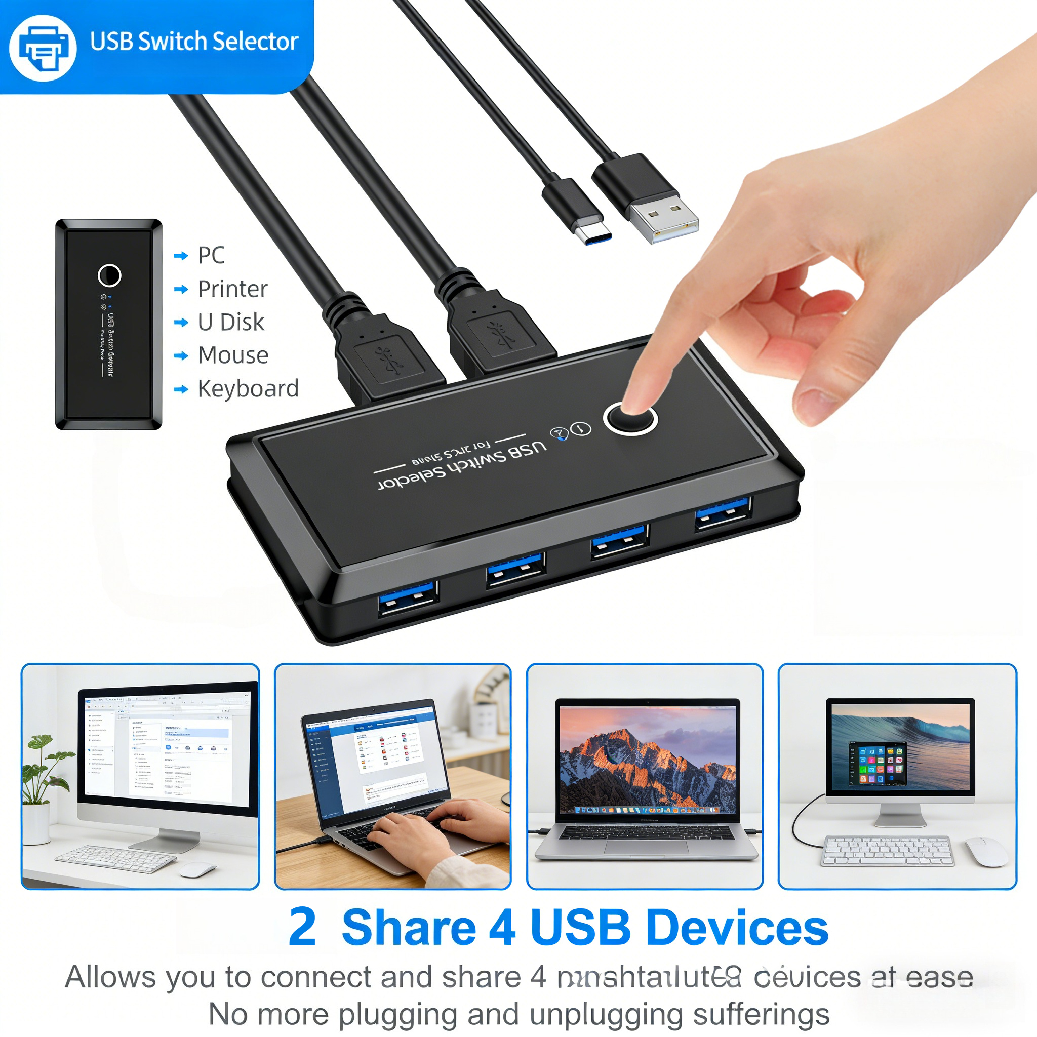 USB KVM スイッチ USB 3.0 2.0 スイッチャー KVM スイッチ Windows10 PC キーボード マウス プリンター 2台で4台のデバイスを共有 USBスイッチ
