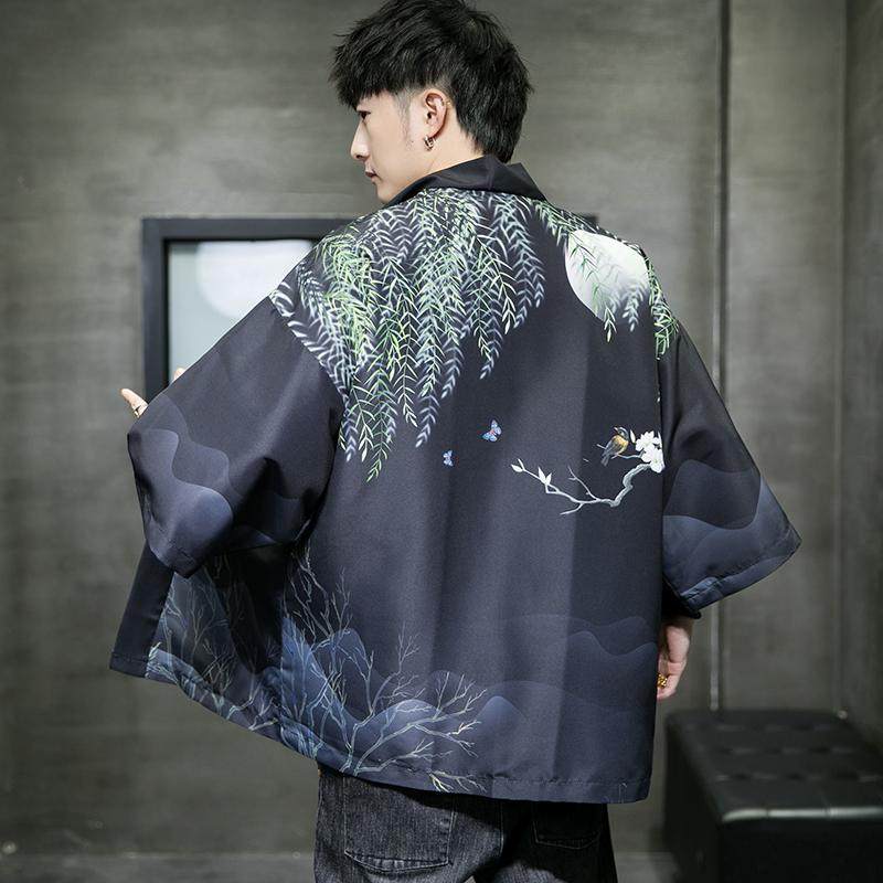 日本の羽織男性用柳月柄着物カーディガン浮世絵スタイルストリートジャケット伝統的なアジアの衣装パーティー着用