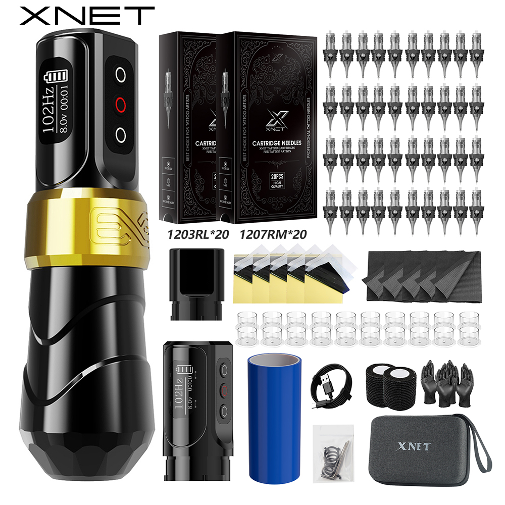 XNET FLUX MAX ワイヤレスタトゥーマシンキット ロータリータトゥーペン 2400mAh バッテリー 40 個混合タトゥーカートリッジセット タトゥーアート用