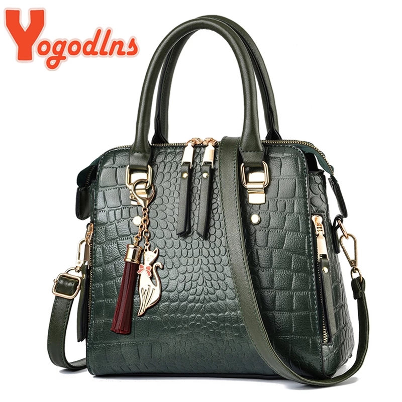 Yogodlns 高級ワニ柄ハンドバッグ女性の冬の新 Pu レザータッセルショルダーバッグブランドデザインハンドルバッグ女性の財布