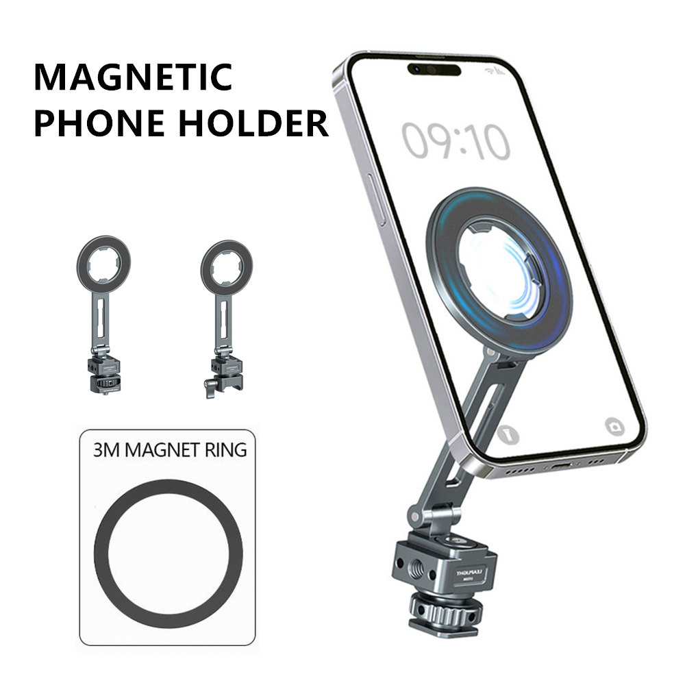 360回転磁気電話ホルダー コールドシュー付き 1/4インチ NATO 電話三脚マウント Magsafe iPhone 16 15 14 13 Android カメラモニター用
