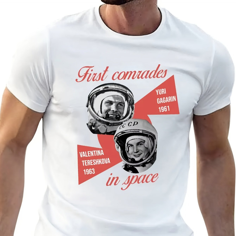 メンズ ユニセックス レトロ ソビエト スペース Tシャツ ユーリ ガガーリン ヴァレンティーナ テレシコワ 1961 年の最初の宇宙飛行士 夏用メンズ Tシャツ