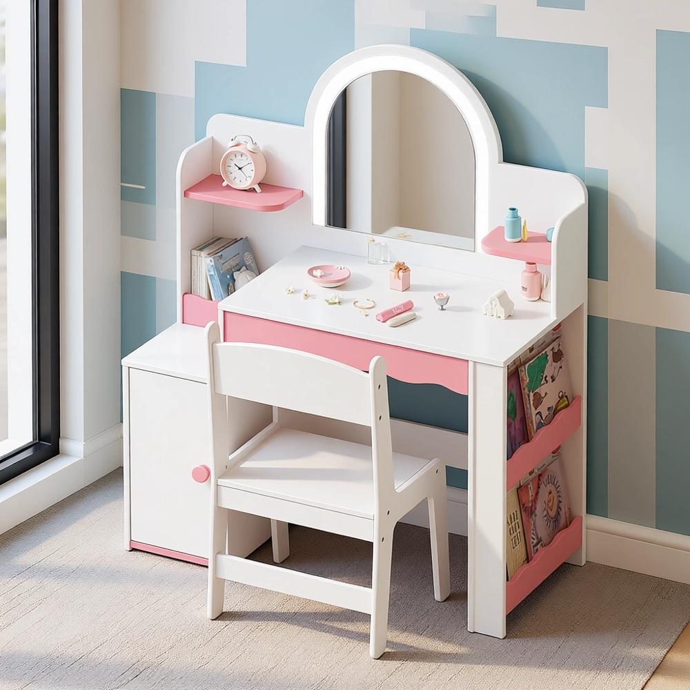 子供用LEDミラーバニティセット、収納と椅子付き、プレイルーム家具、3～8歳の女の子用、ピンク