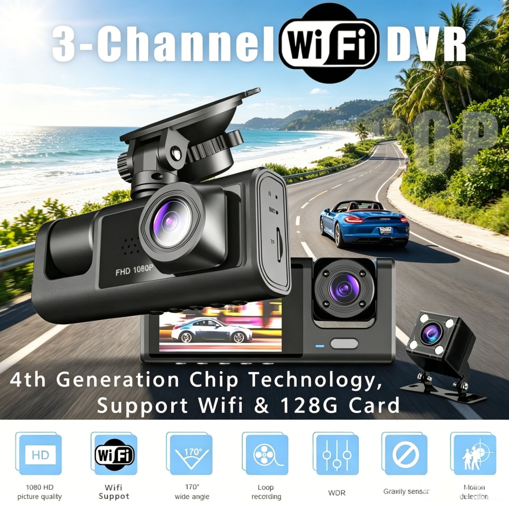 ダッシュカム 1080P フル HD WiFi フロントキャビンリア 2/3 チャンネルカービデオレコーダー 170° 広角重力センサーループ録画