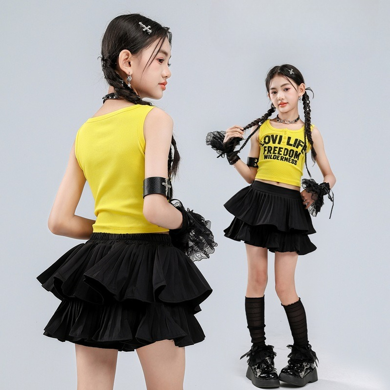 New Girls Kpop Outfits Street Dance Costume Yellow Vest Black Skirt Hip Hop Clothing Sets Group Concert Stage Performance Wear