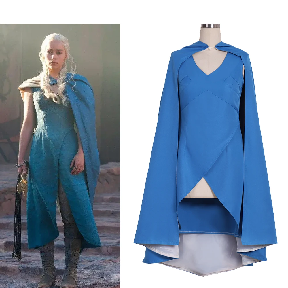 TV シリーズ Daenerys コスプレ ターガリエン衣装ブルー ドレス ケープ付き女性用ハロウィン パーティー ステージ パフォーマンス スーツ