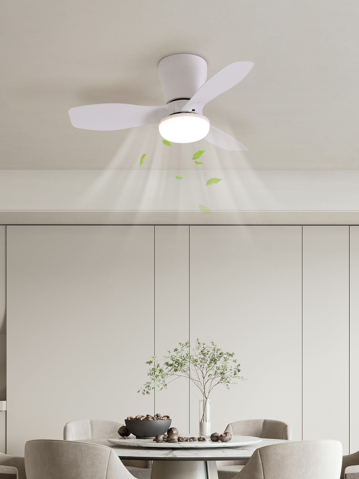 レストランファンライト、リビングルーム天井一体型シーリングファンライト、静音直刃電動ファン照明