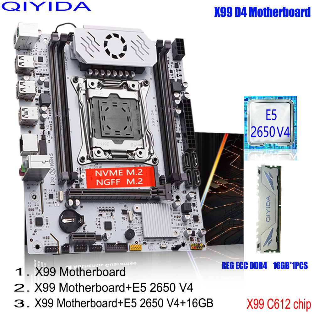 QIYIDA X99 Motherboard Set LGA 2011-3 Kit Xeon E5 2650 V4 CPU Processor With 16GB DDR4 ECC RAM Memory SSD NVME M.2 X99 C612 chip