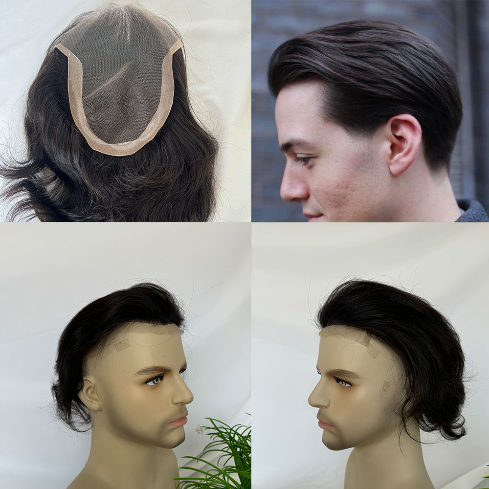 スイスレースフロント PU メンズかつら 6 × 8 インチ人毛交換システム 9 インチロングヘア男性のためのヘアピース