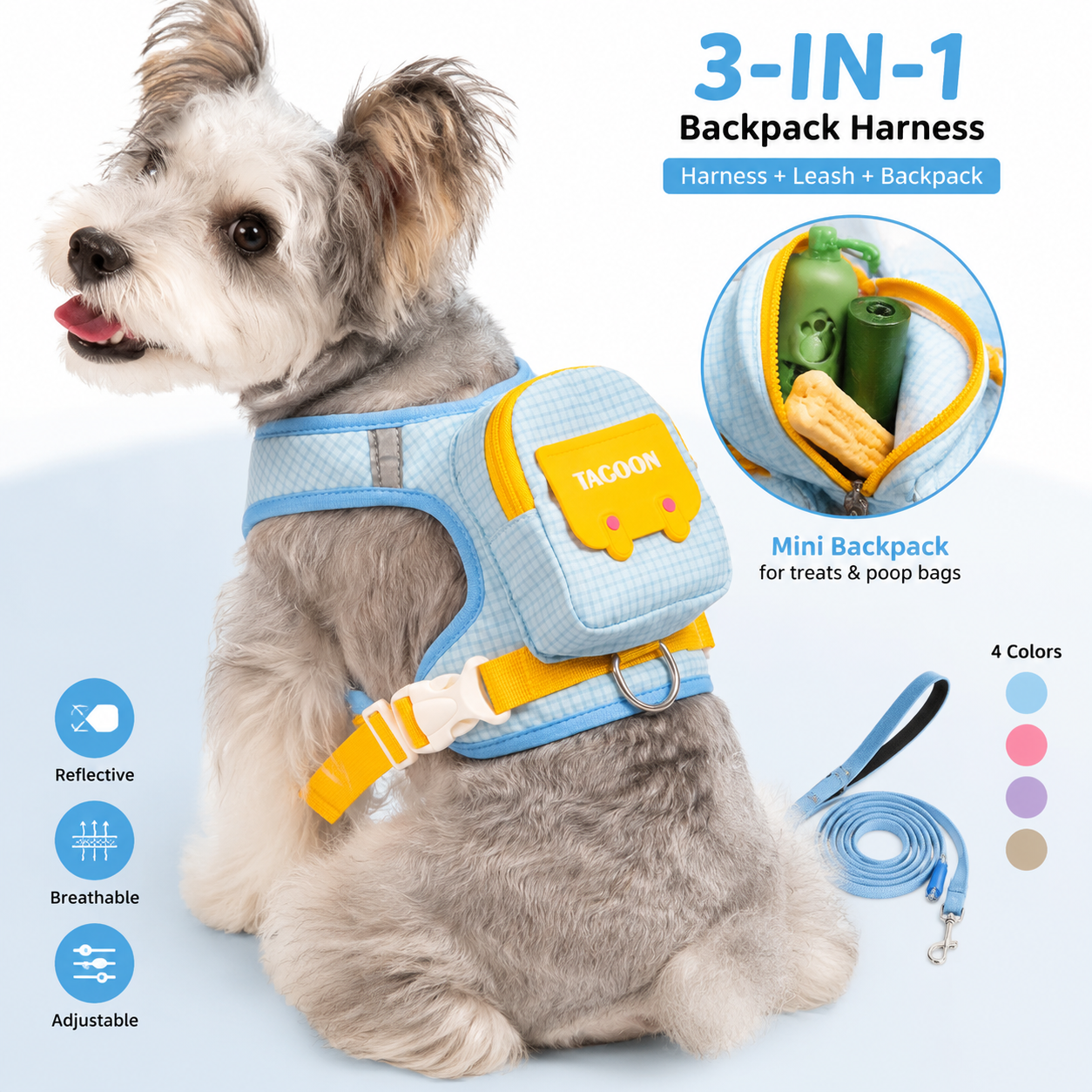 かわいいバックパック犬用ハーネス リード付き 反射ソフトペットベスト 中小型犬猫用 調節可能なウォーキングハーネスセット