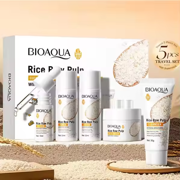 韓国プライベートラベル BIOAOUA ナチュラル スキンケア & オーガニック ライスミルク ホワイトニング スージング トラベル 5 点セット すべての肌タイプ用