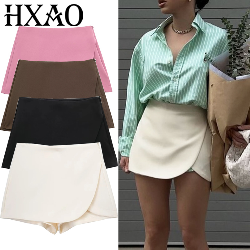 HXAO 女性のスカートショーツ夏ベージュ黒スカートパンツ女性オフィスハイウエストスコート女性のための非対称ピンクブラウンスカート