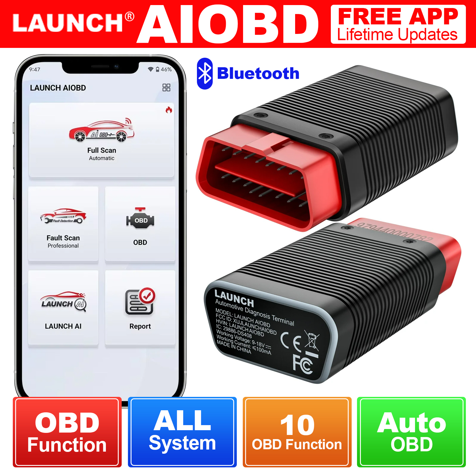 LAUNCH X431 AIOBD Bluetooth アダプタフル OBD2 機能診断ツール自動車 OBDII 診断スキャナ Android IOS で動作