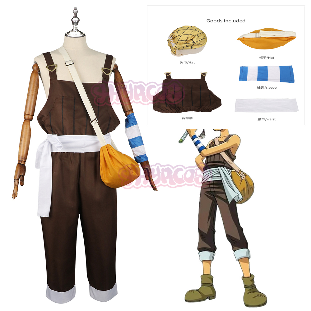 アニメ UUsopp コスプレ衣装ブラウンロンパース制服 Tシャツスカーフフルセット成人男性カーニバルハロウィンスーツ 5 個アクセサリー