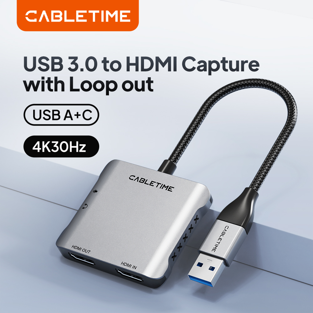 CABLETIME ビデオキャプチャ USB 3.0 to HDMI キャプチャ、ループアウト付き 4K@30Hz 1080P@60Hz ストリーミングメディア用 PS5 スイッチビデオストリーミング