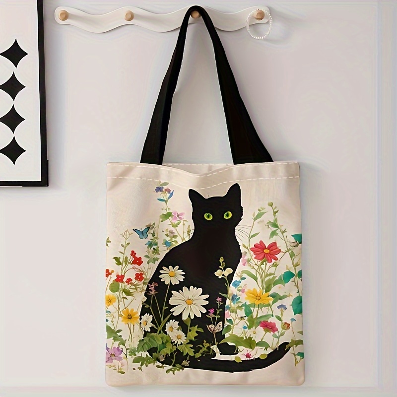 猫と花柄のカジュアルなトートバッグ、繰り返し使えるショルダーショッピングバッグ