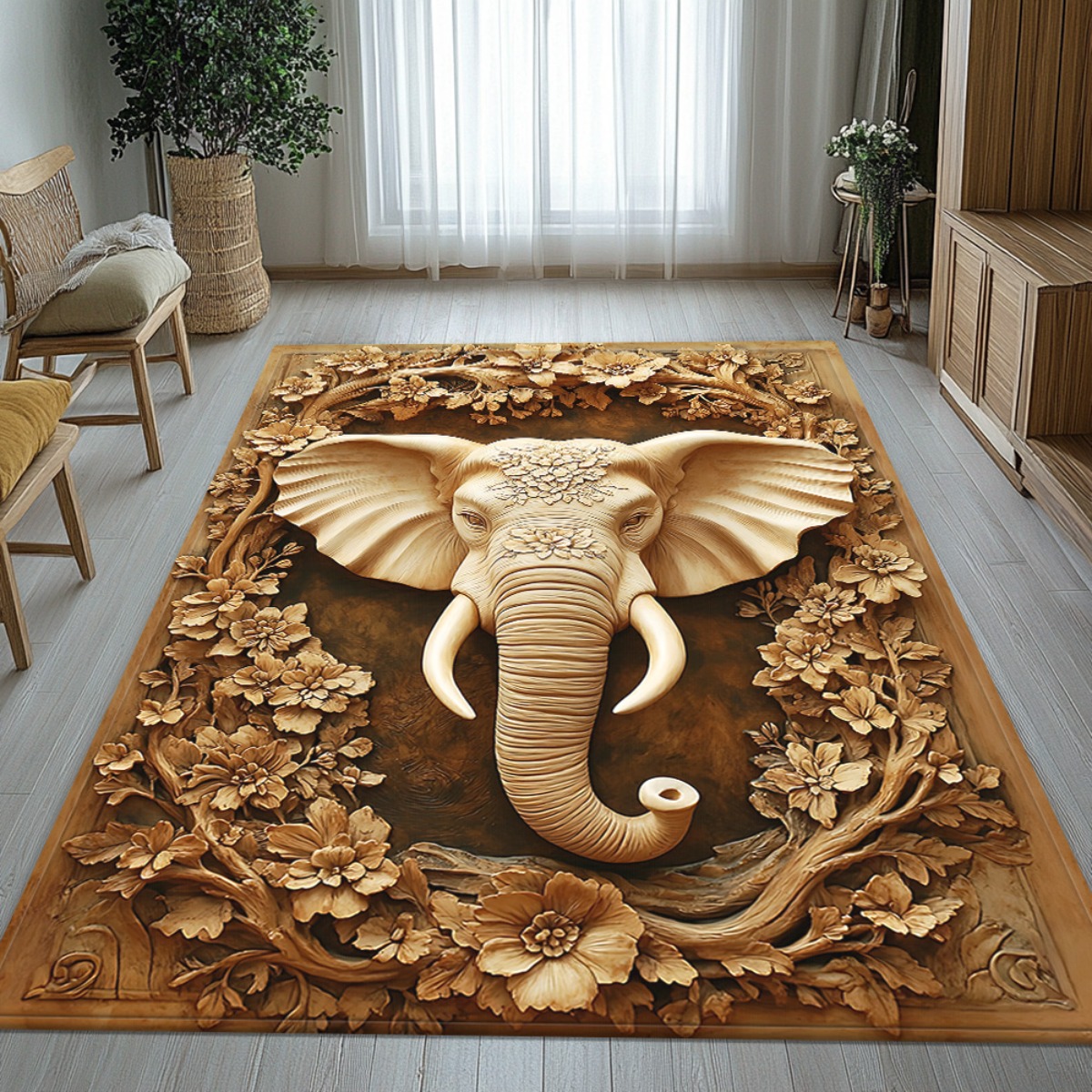3D 彫刻象の花クリスタルベルベット敷物自由奔放に生きるスタイルのリビングルームのフロアマット天然木の外観アンチスリップエリアカーペット