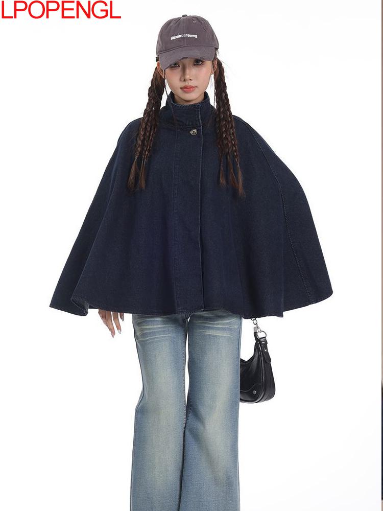 2026 ファッション女性ソリッドカラールーズデニムケープジャケット多用途ショールハイネックノースリーブストリートアウターエレガントなコート