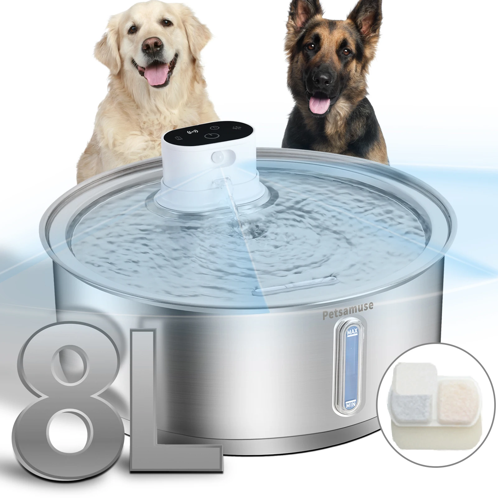 Petavista 8L 自動ステンレス鋼犬噴水 5000mAh ワイヤレスペット酒飲みバッテリー