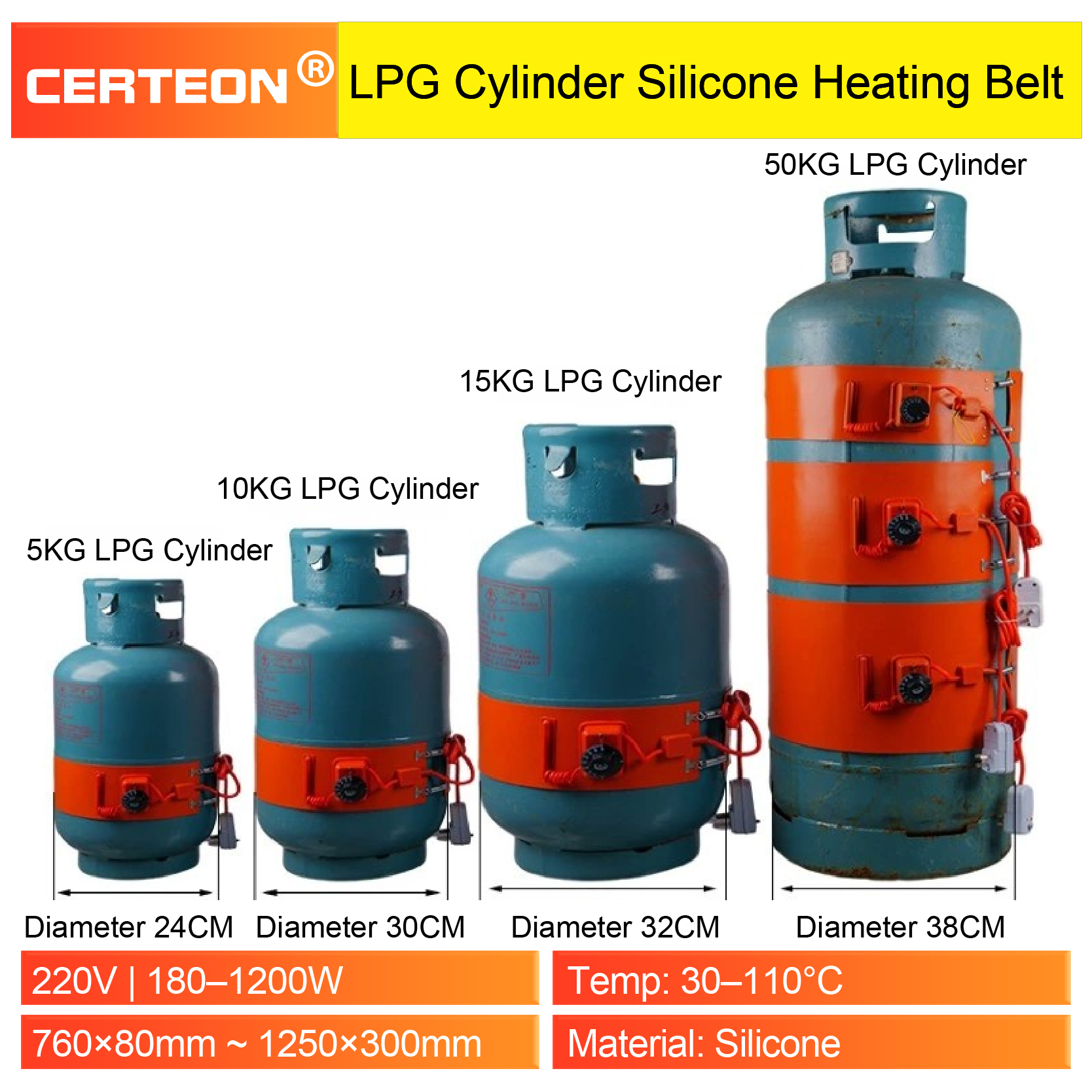 シリコーンガスシリンダー加熱ベルト 220V 5/13/15/50kg LPG タンク用サーモスタット付き 30‑110°C 過熱保護柔軟なデザイン