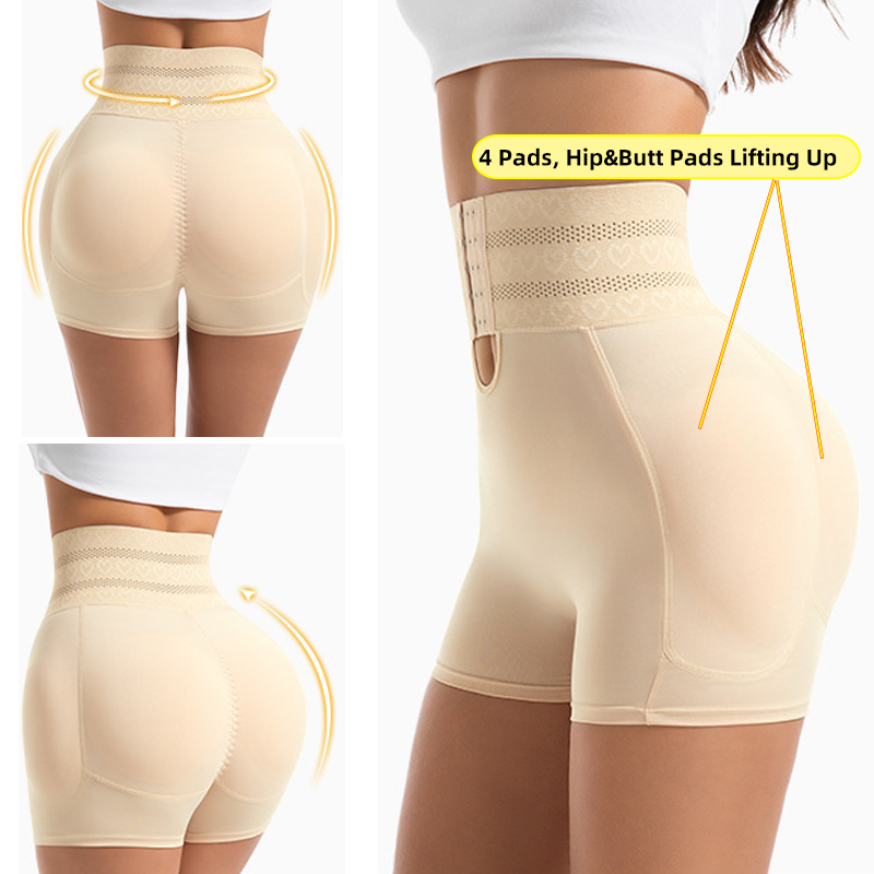 女性用パッド入りバットリフターボディシェイパー、スポンジパッド4個付き、おなかコントロールシェイプウェアショーツ、ウエストニッパーとフック留め付き