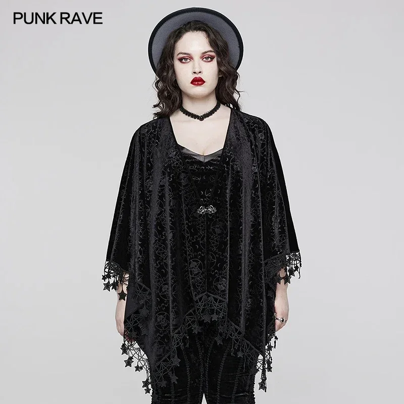 PUNK RAVE レディース ゴシック スカル エンボス加工 ベルベット ショール 美しい不規則な尖った裾 五芒星のタッセル付き パーティー クラブ コート