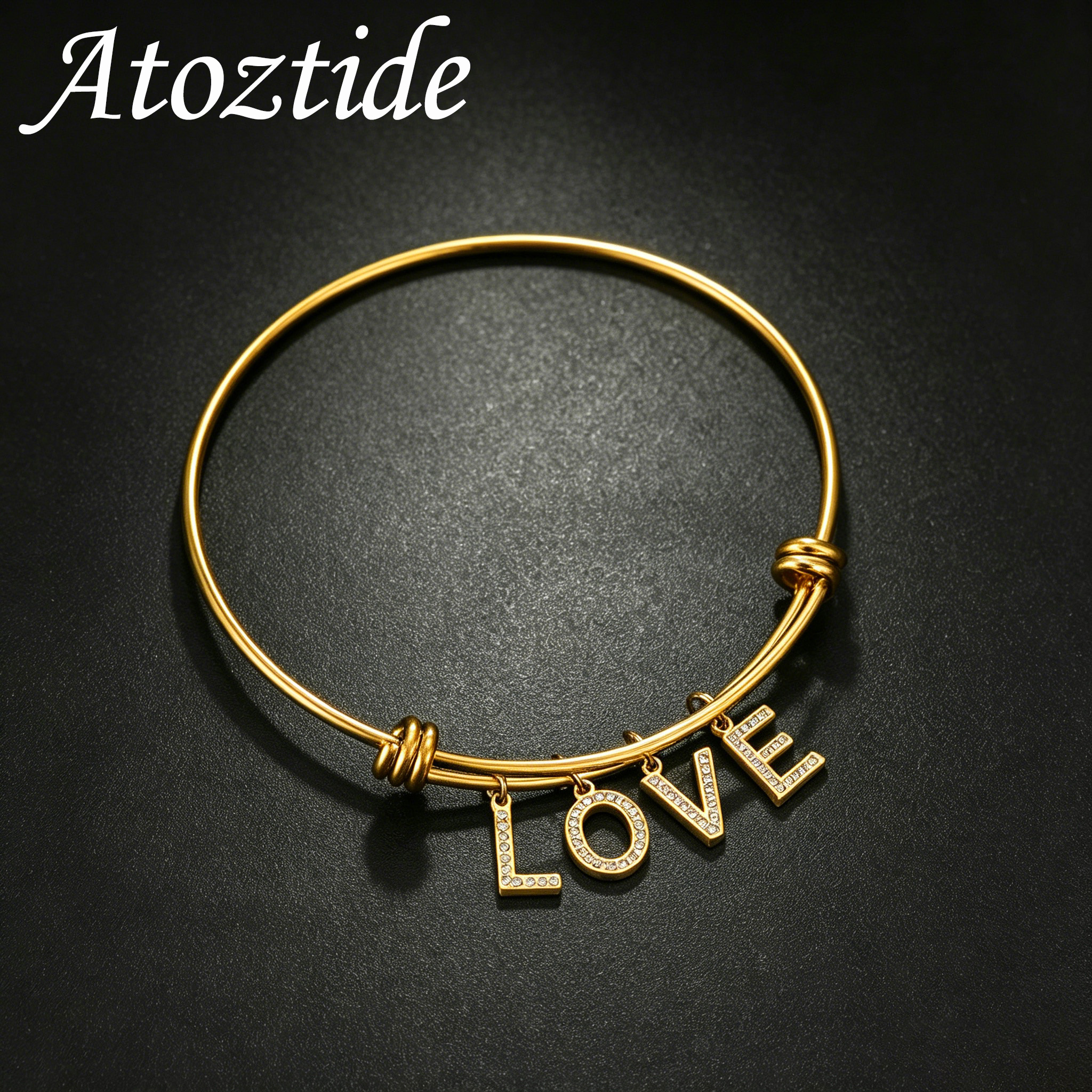 Atoztide カスタムネームブレスレット レディース メンズ パーソナライズされたジルコン イニシャル オープン バングル ステンレススチール ジュエリー 誕生日パーティー ギフト
