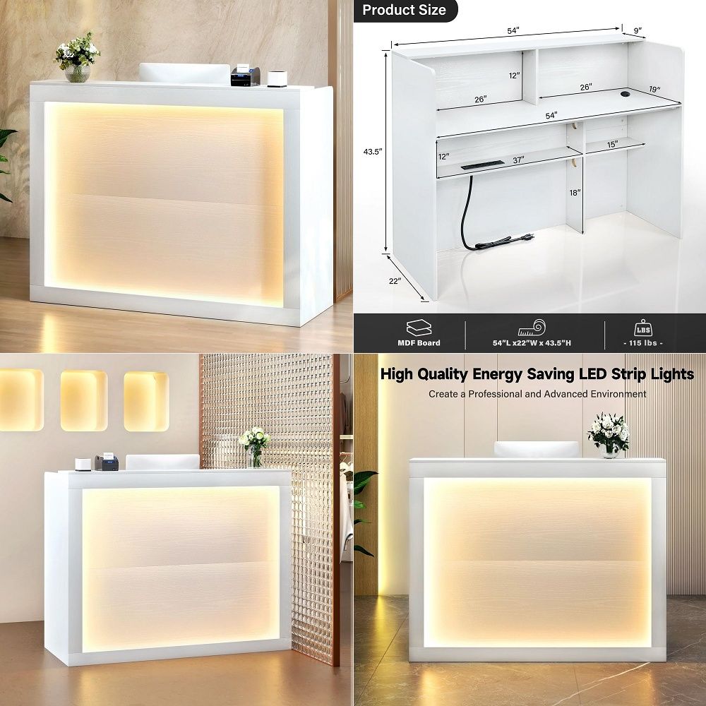 カウンター付きレセプションデスク、モダンなフロントテーブル装備ロッカーアンプ収納棚、LEDライト付き50インチチェックアウトカウンター