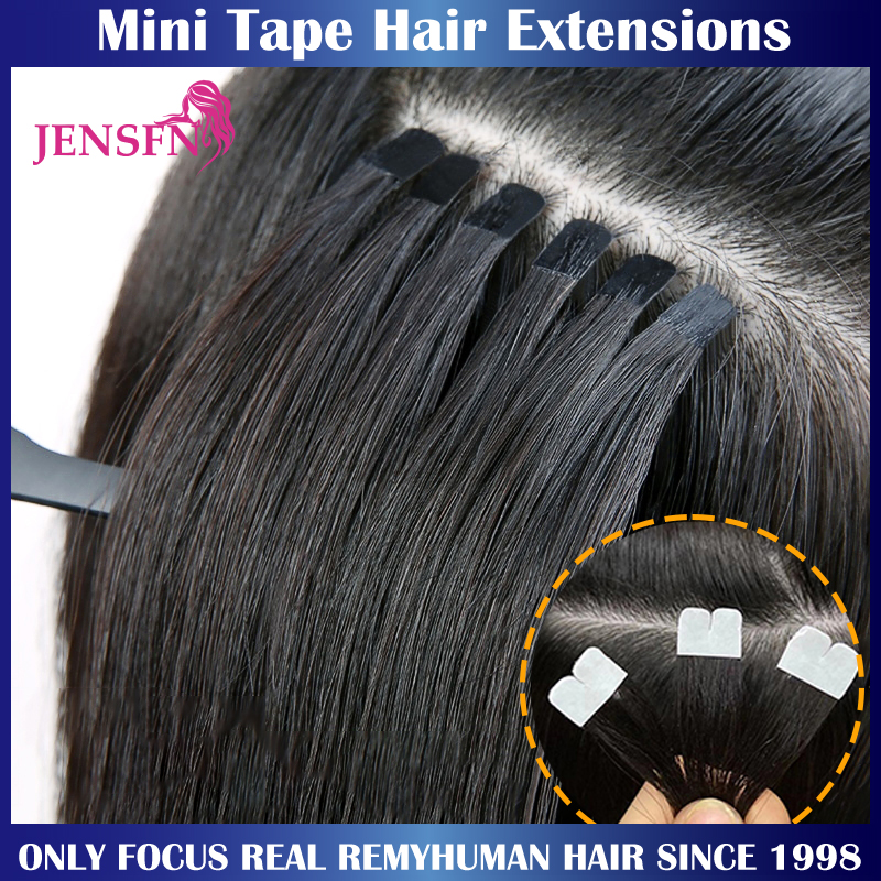 JENSFN ミニテープヘアエクステンション 100% レミーナチュラル人毛 16 "-26" インチストレートシームレス PU スキン横糸テープインサロン用